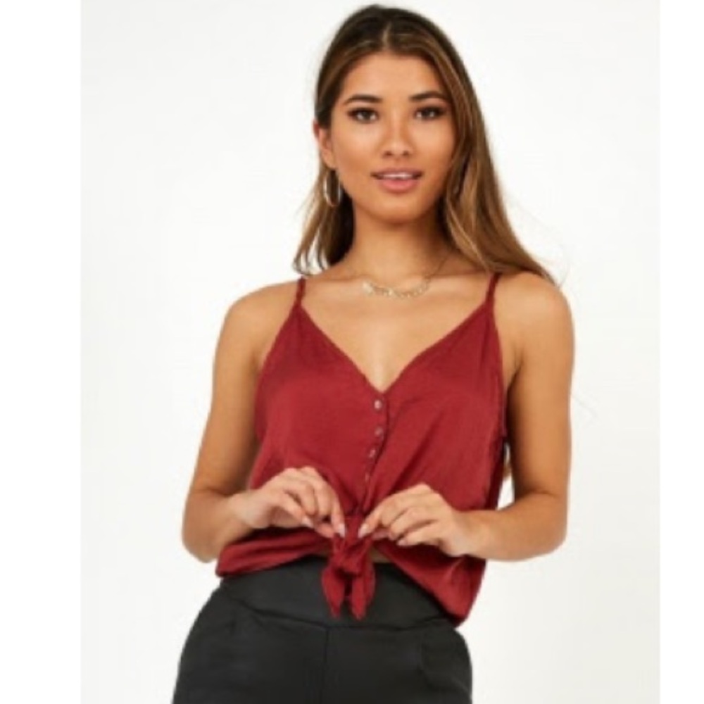 Showpo: Compared to You Top In Wine Satin, Size 6 (M).